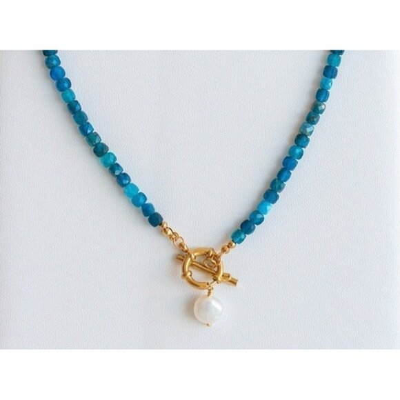 Blue Apatite Gemstone Necklace Gold Toggle Clasp Removable Baroque Pearl - Picture 6 of 12